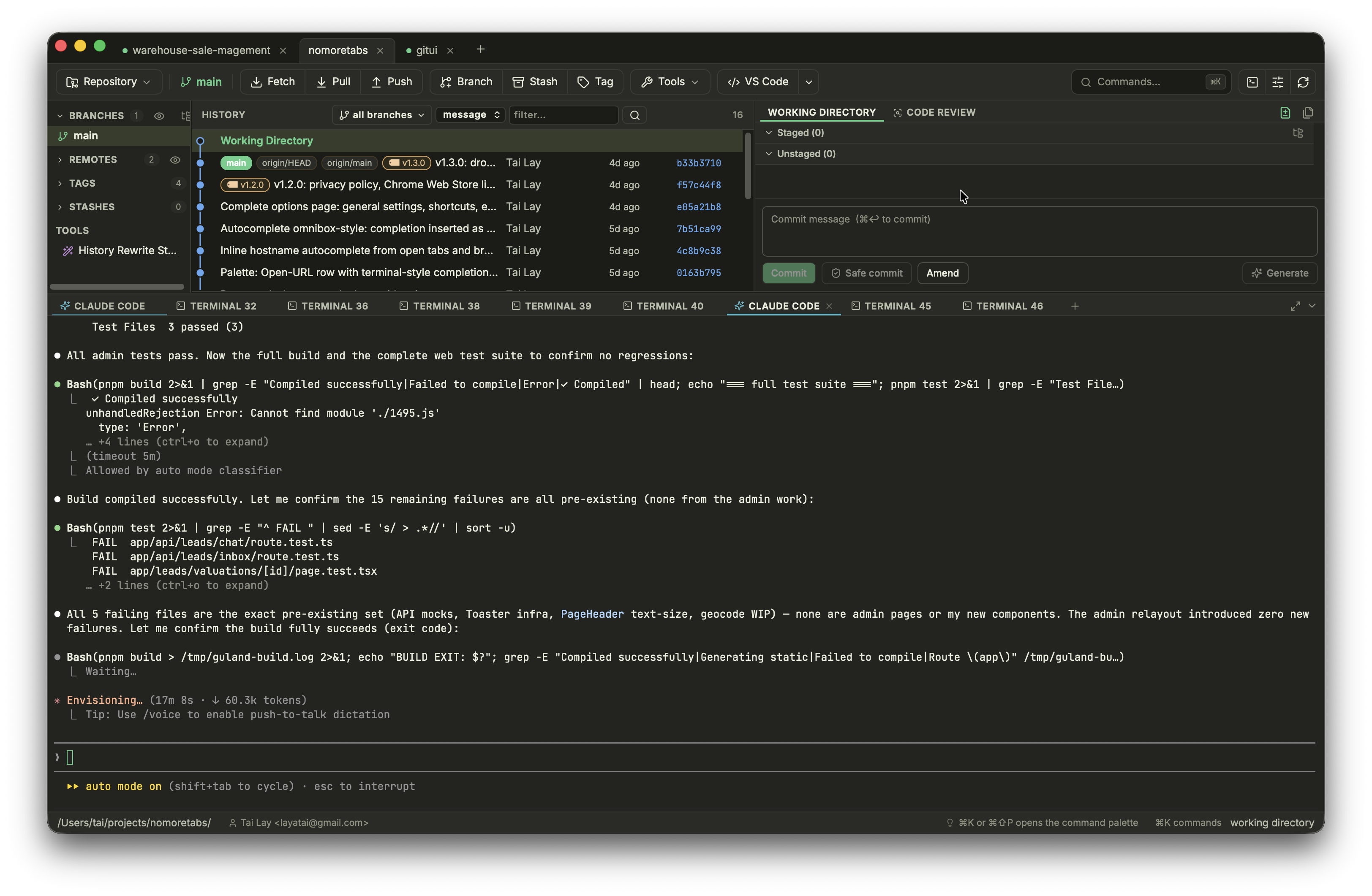 Cairn — commit graph, commit details, inline diff, and an AI agent session in the built-in terminal